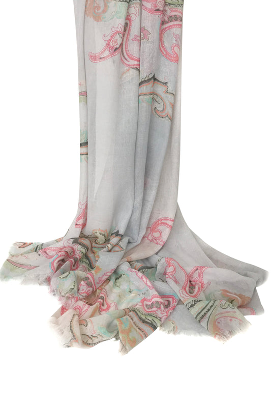 White & Pink Paisely Bamboo Silk Cashmere Scarf