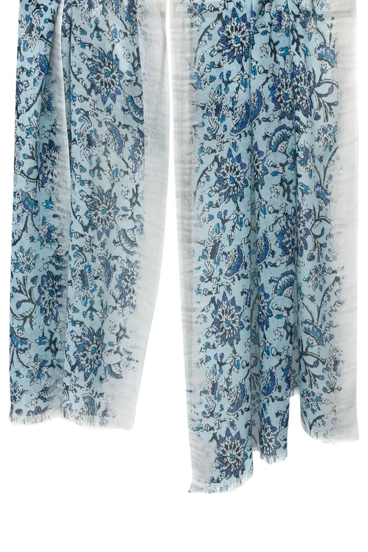 Blue Floral Bamboo Silk Cashmere Scarf