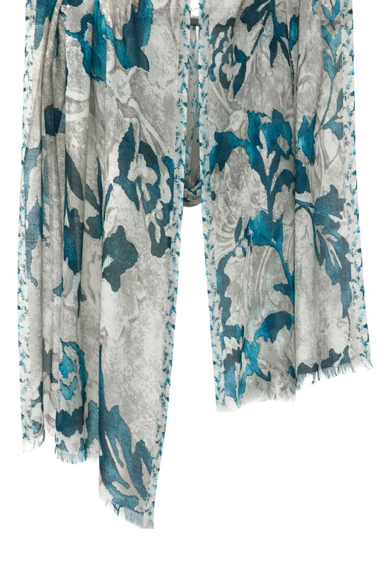 Grey Turquoise Floral Bamboo Silk Cashmere Scarf