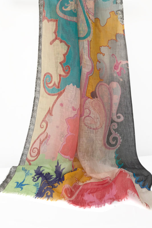 Multicolour Paisely Silk Linen Cashmere Scarf