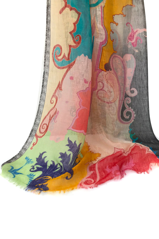 Multicolour Paisely Silk Linen Cashmere Scarf