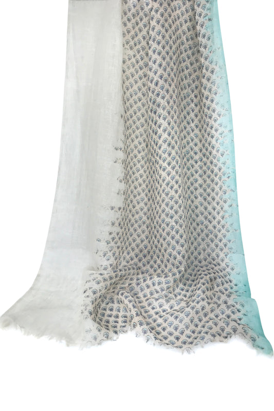 Grey Turquoise Hue Silk Linen Cashmere Scarf