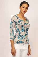 Grey & Turquoise Floral Silk Cotton T-Shirt