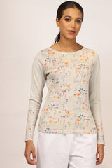 Grey Floral Silk Cotton T-Shirt