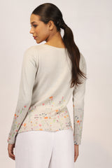 Grey Floral Silk Cotton T-Shirt