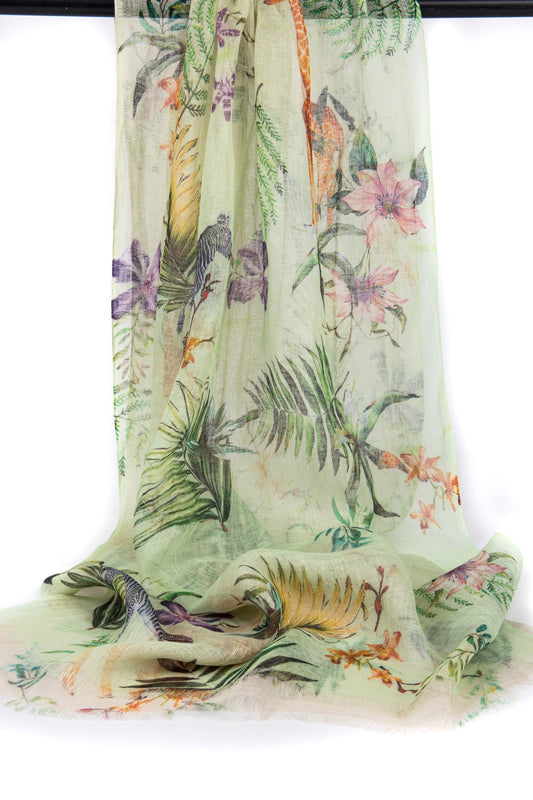 GREEN FLORAL LINEN SCARF