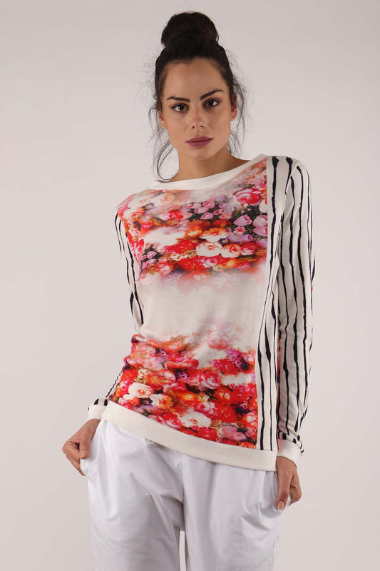WHITE & RED FLORAL MODAL COTTON SWEATER
