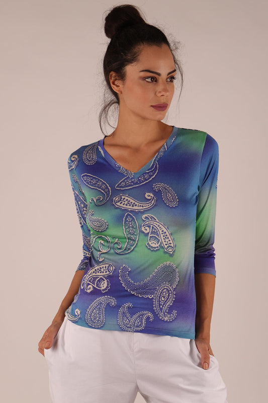 BLUE & GREEN PAISELY SILK SWEATER