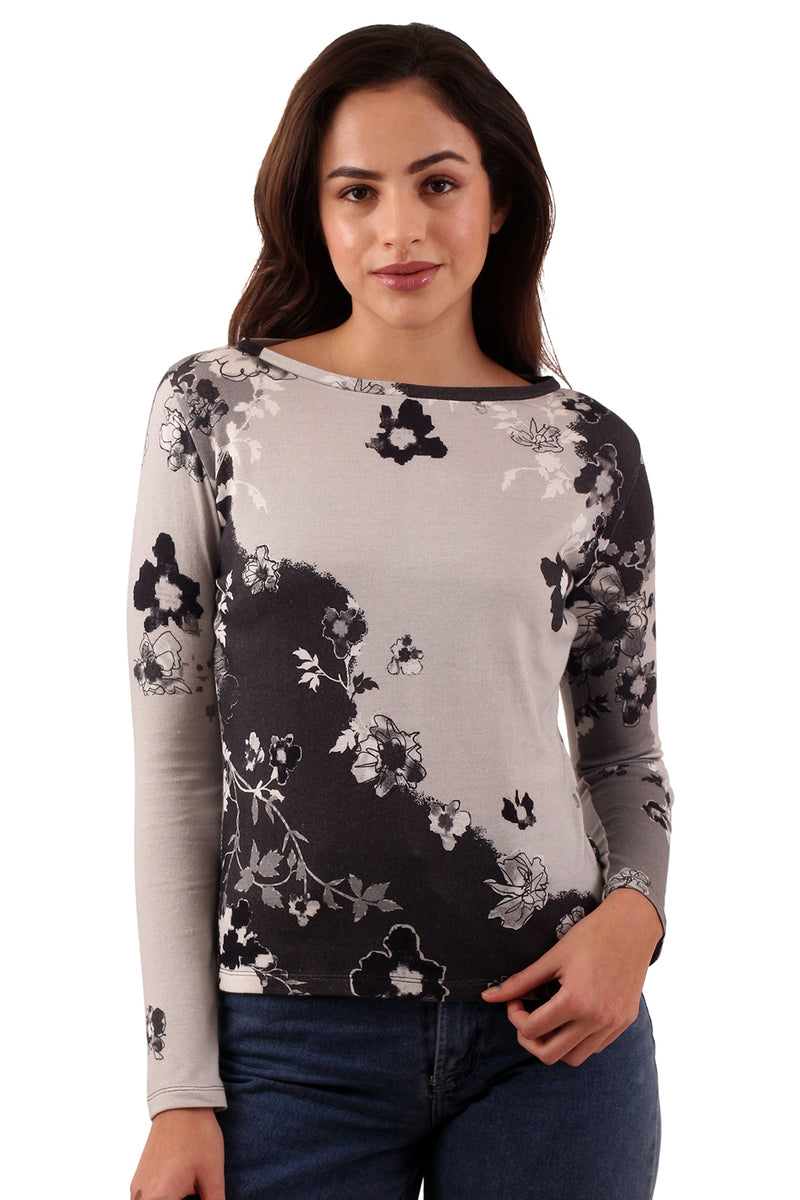 Abstract Floral Top Grey And Black 6810