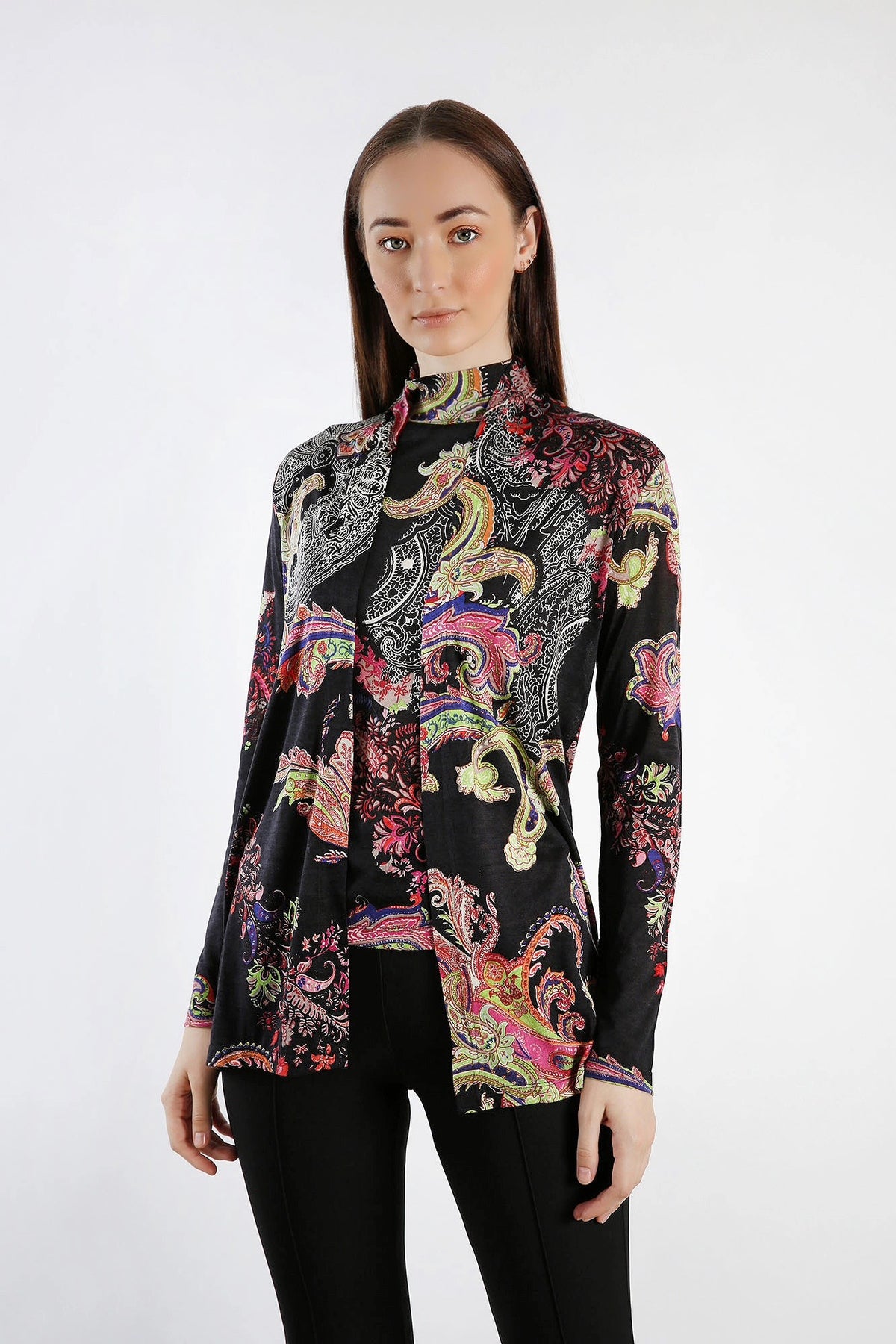 Paisley Printed Silk Twin Set in Black