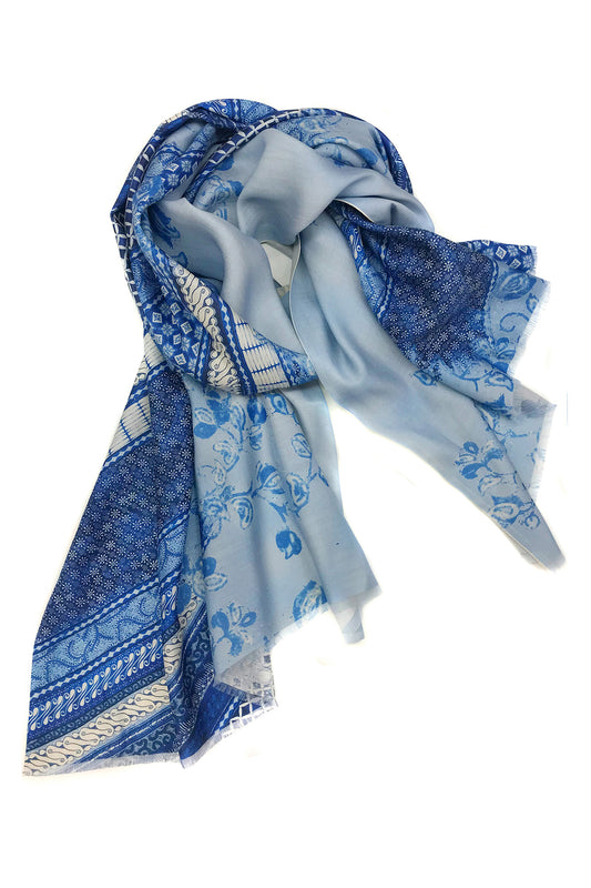 Blue Floral Silk Wool Scarf