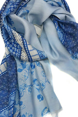Blue Floral Silk Wool Scarf