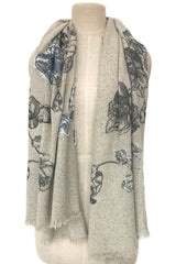 Silk wool Cashmere - Floral Monochrome Illustration Scarf