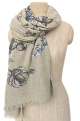 Silk wool Cashmere - Floral Monochrome Illustration Scarf