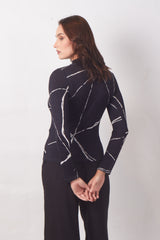 Black Abstract Turtle-Neck Top