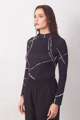 Black Abstract Turtle-Neck Top