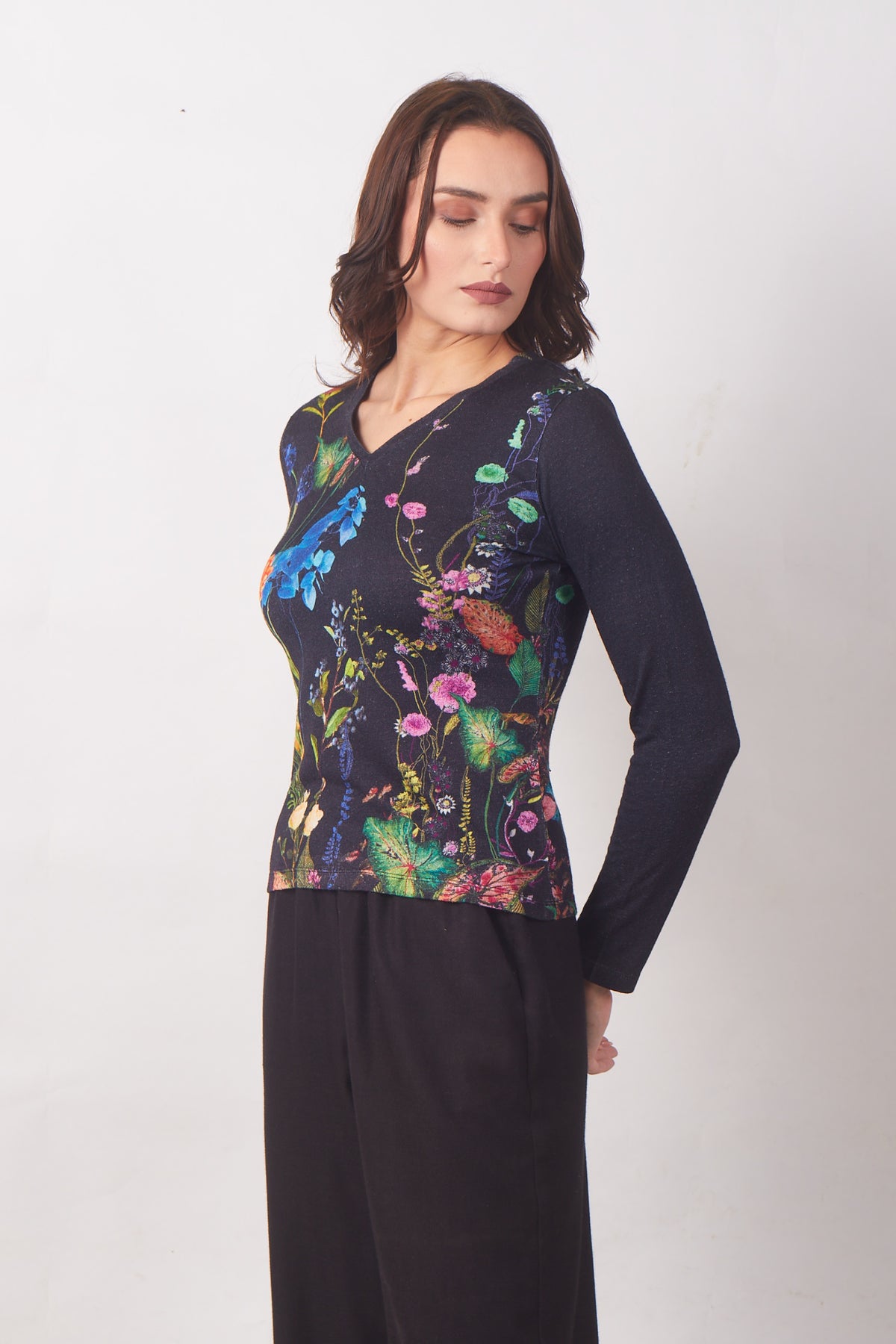 Midnight Floral Fiesta V-Neck Top