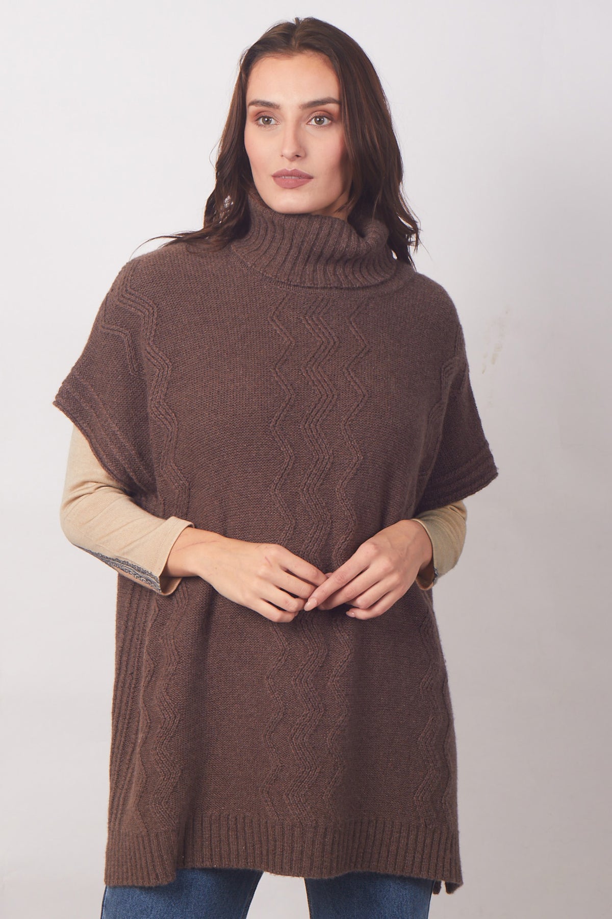 Brown Turtle Neck Tunic-fit Sweater