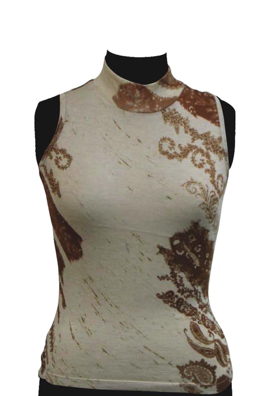 Beige Sleeveless Paisely Silk  Cashmere  Sweater