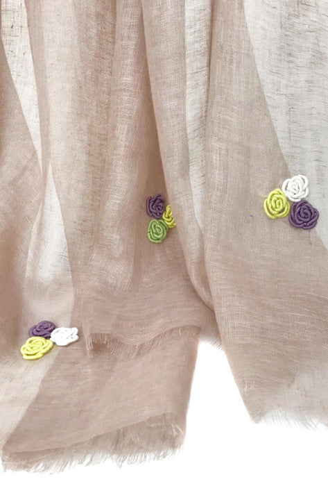 Beige Embroidered Silk Linen Cashmere Scarf