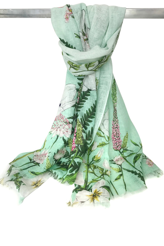 Green Floral Linen Scarf