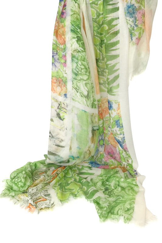 Green Floral Bamboo Silk Cashmere Scarf