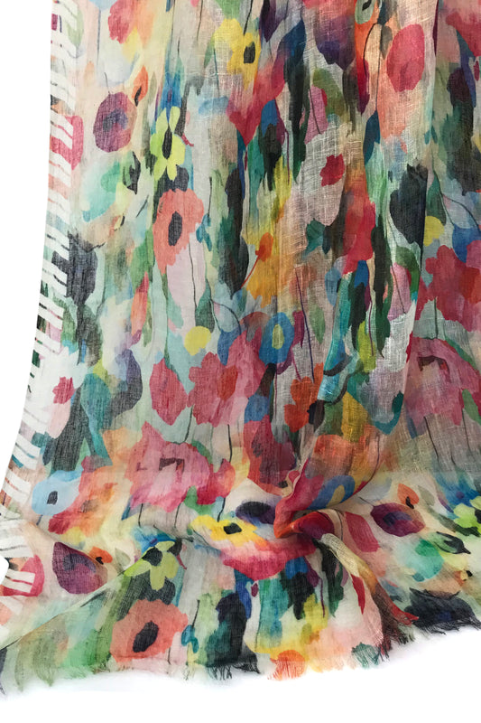 Multicolour Floral Silk Linen Cashmere Scarf