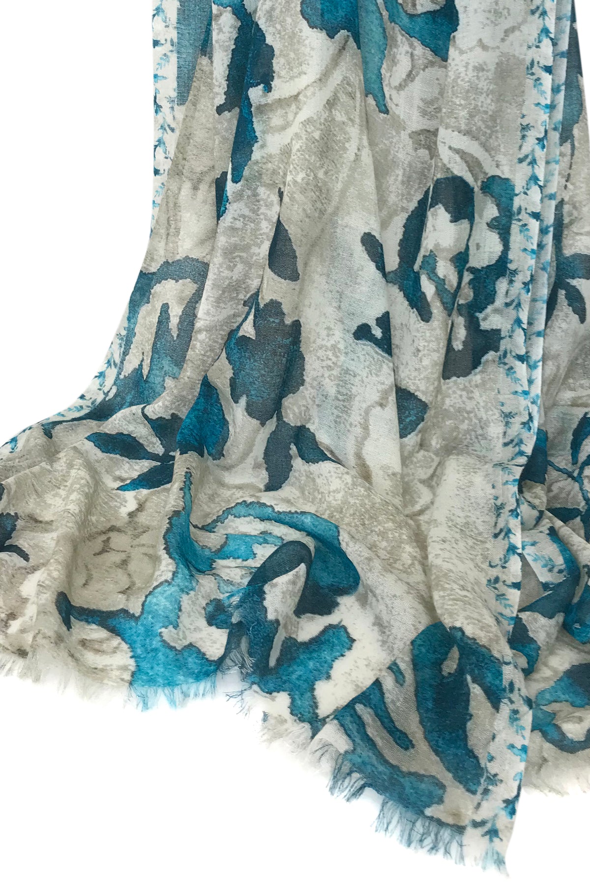 Grey Turquoise Floral Bamboo Silk Cashmere Scarf