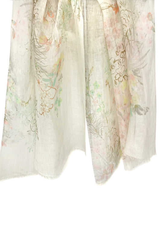 Ecru Floral Silk Linen Cashmere Scarf
