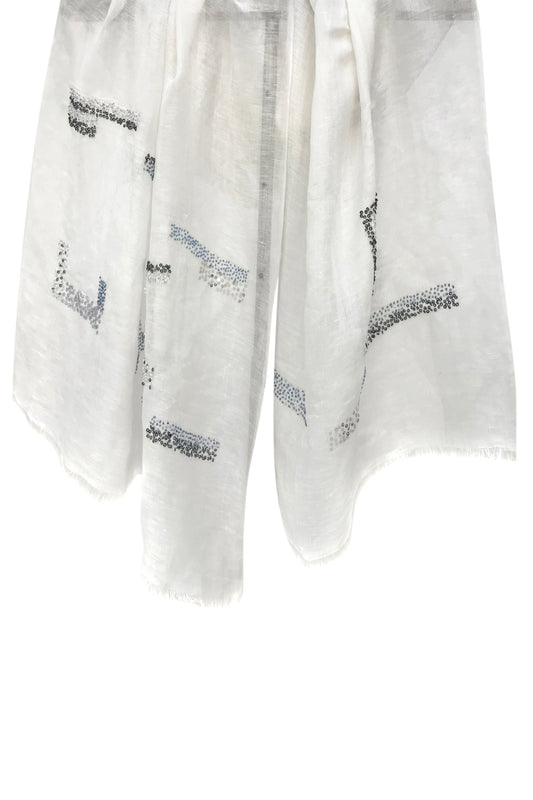 White Embroidered Silk Linen Cashmere Scarf