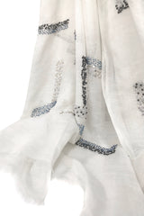 White Embroidered Silk Linen Cashmere Scarf