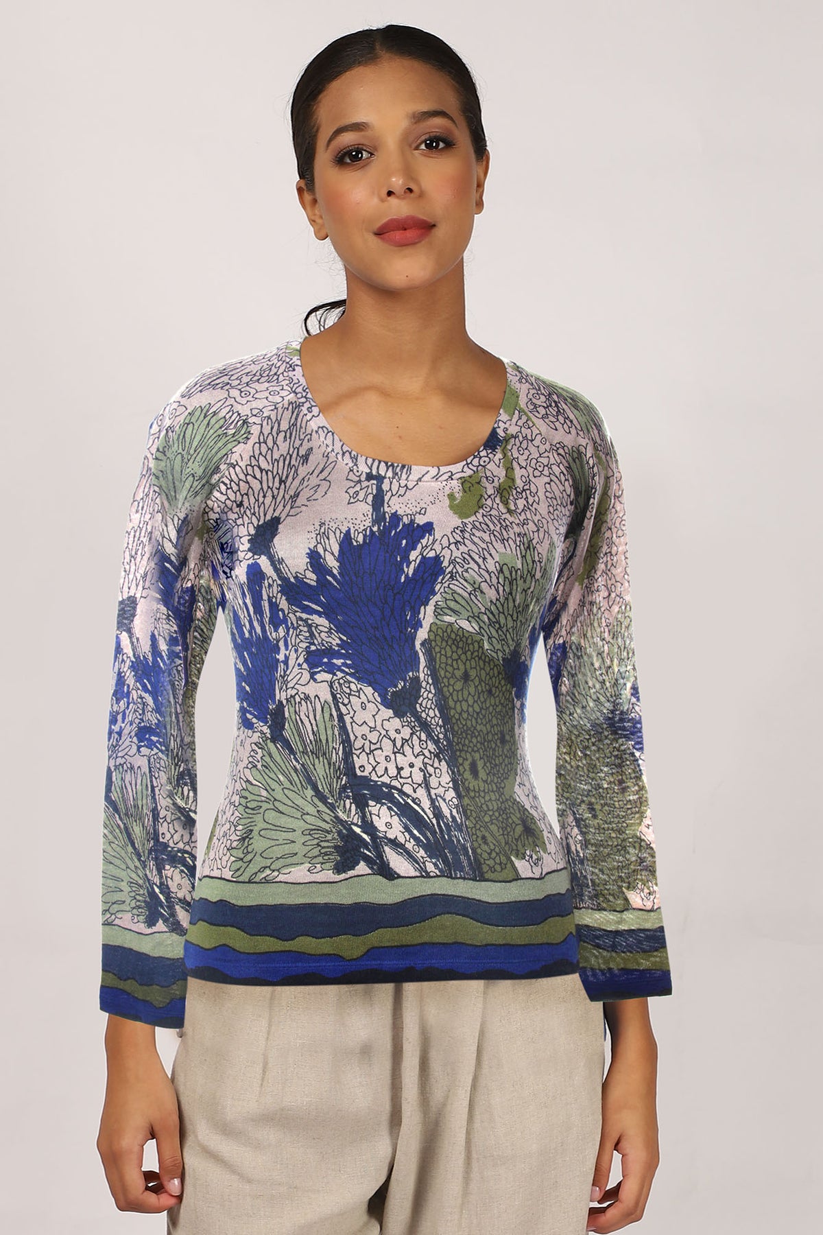 Grey & Olive  Floral Cashmere Silk Sweater