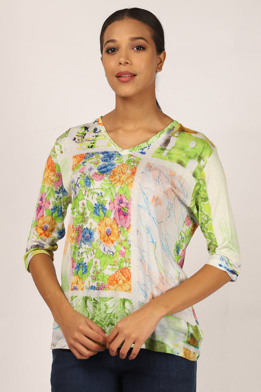 Green Floral Cashmere Top