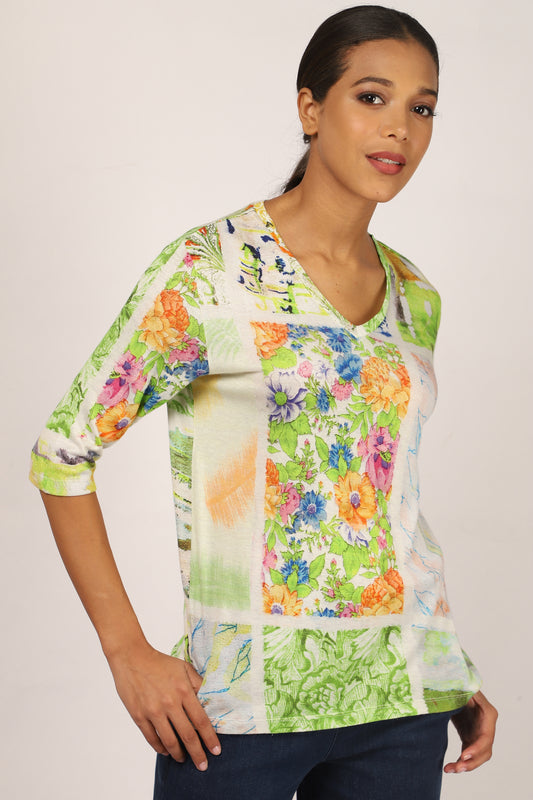 Green Floral Cashmere Top