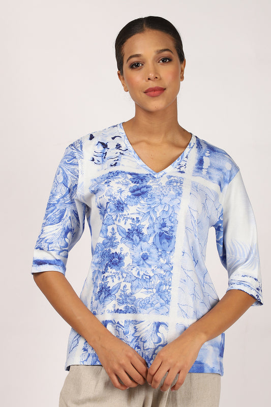 Blue Floral Cotton T-Shirt
