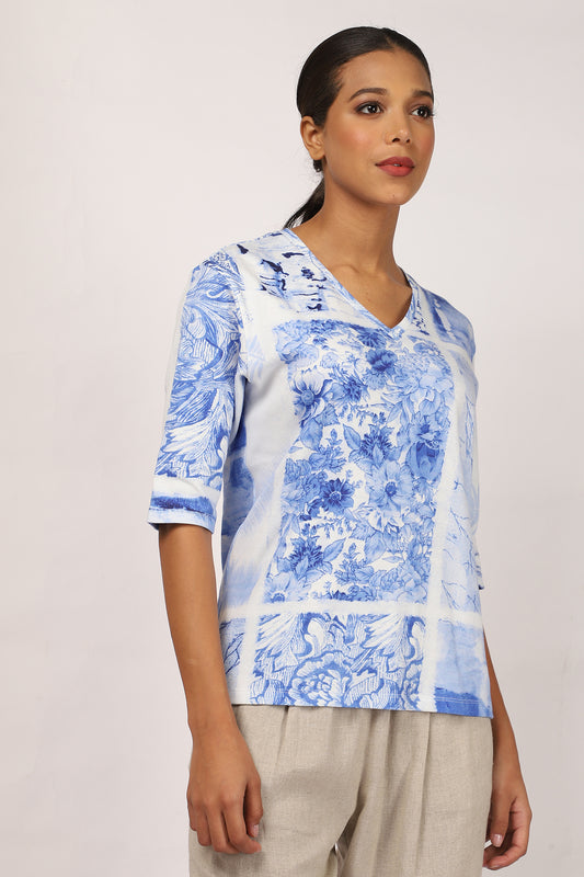 Blue Floral Cotton T-Shirt