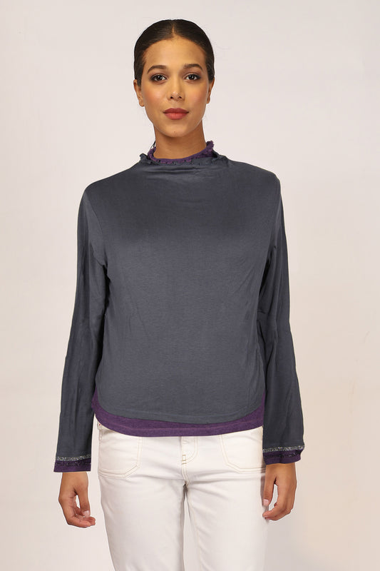 Grey & Purple Turtle Neck Cashmere Silk Sweater