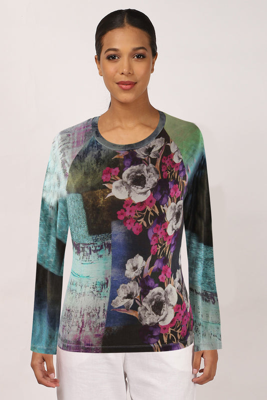 Turquoise  Floral Silk Sweater