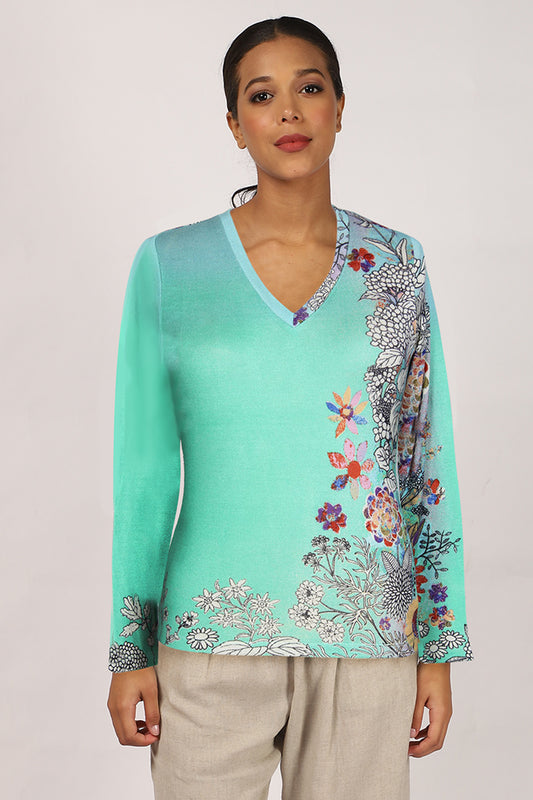 Turquoise Floral Cashmere Silk Sweater