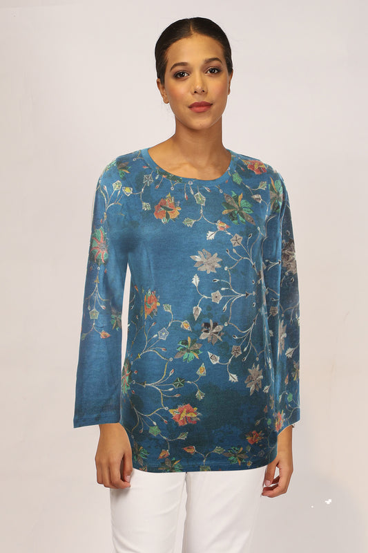 Teal Floral Silk Wool Cashmere Sweater