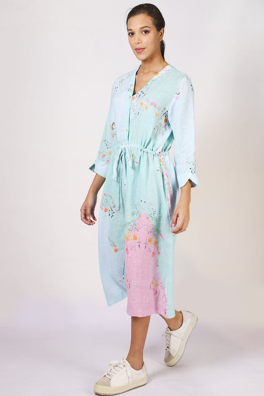 Turquoise Floral Linen Dress