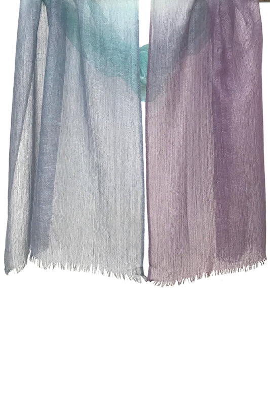 Turquoise Lavender Ombre Silk Linen Cashmere Scarf