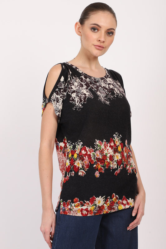 Silk Cashmere - Striped Bouquet Floral Top
