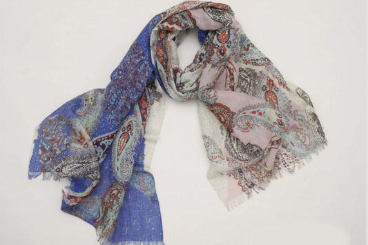 Blue & Pink Paisely Silk Linen Scarf