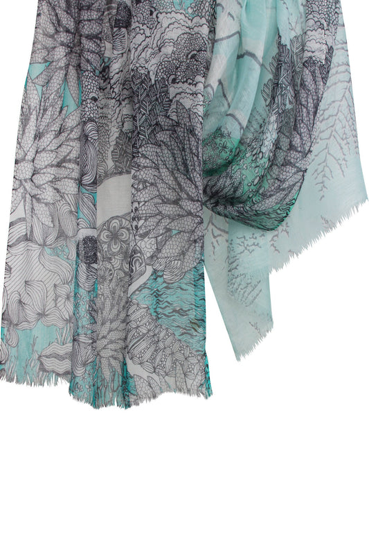 Turquoise Floral Silk Linen Cashmere Scarf