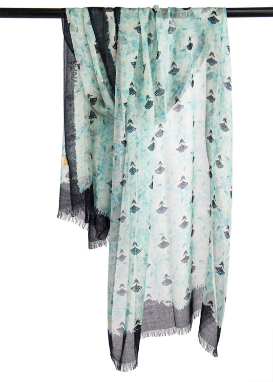 Turquoise Floral Silk Cashmere Scarf
