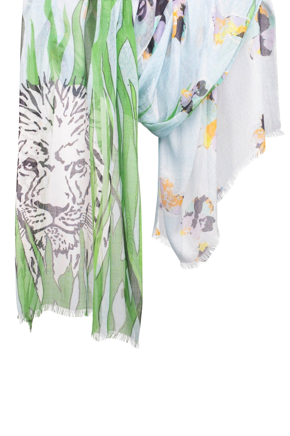 Blue & Green Lion Printed Silk Cashmere Scarf