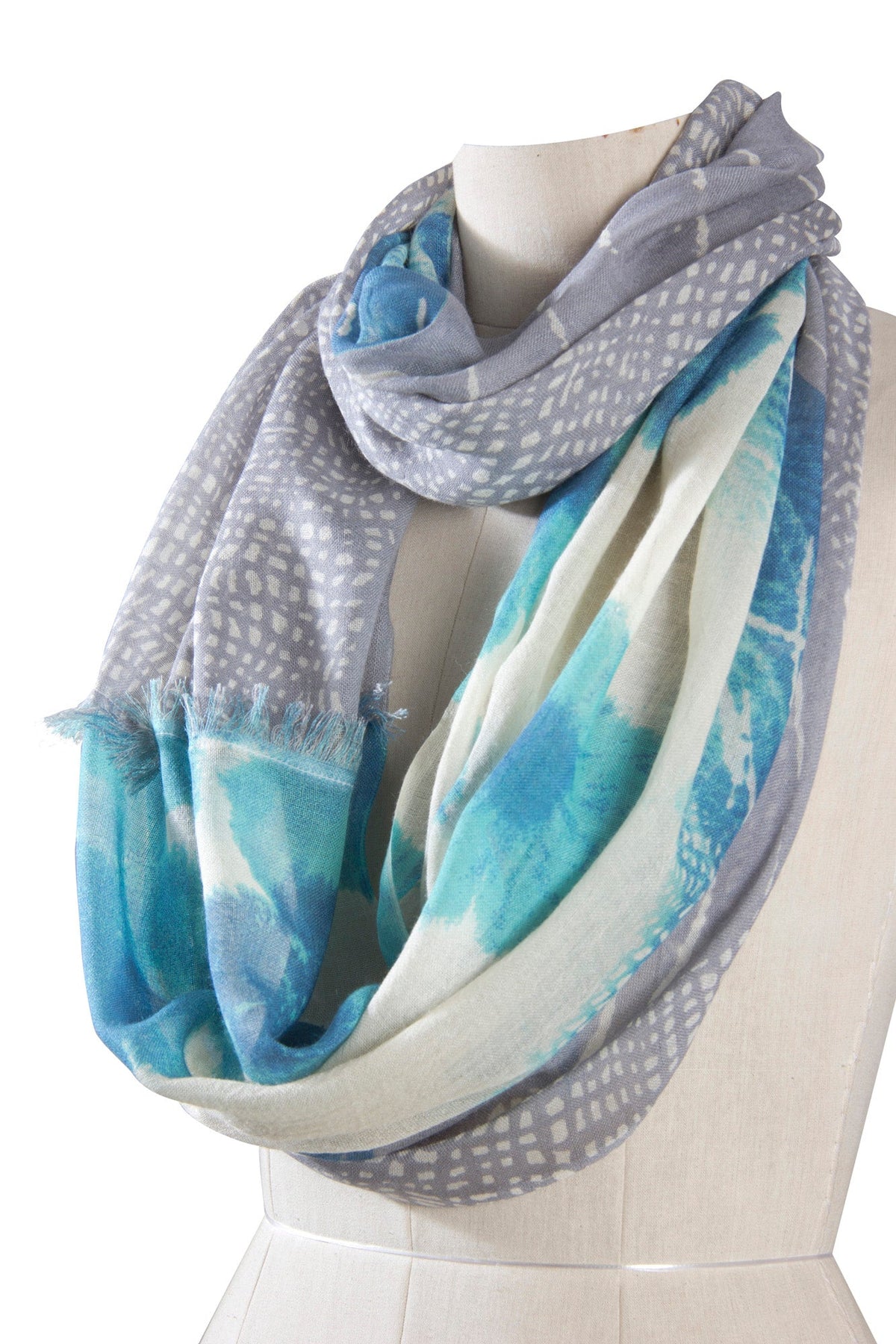 GREY & TURQUOISE FLORAL SILK CASHMERE SCARF