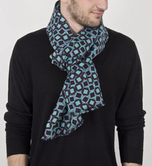 Turquoise and Black Geometry-of-Shapes Silk Wool Cashmere Scarf