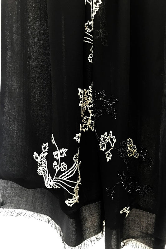 Black Embroidered Silk Cashmere Scarf